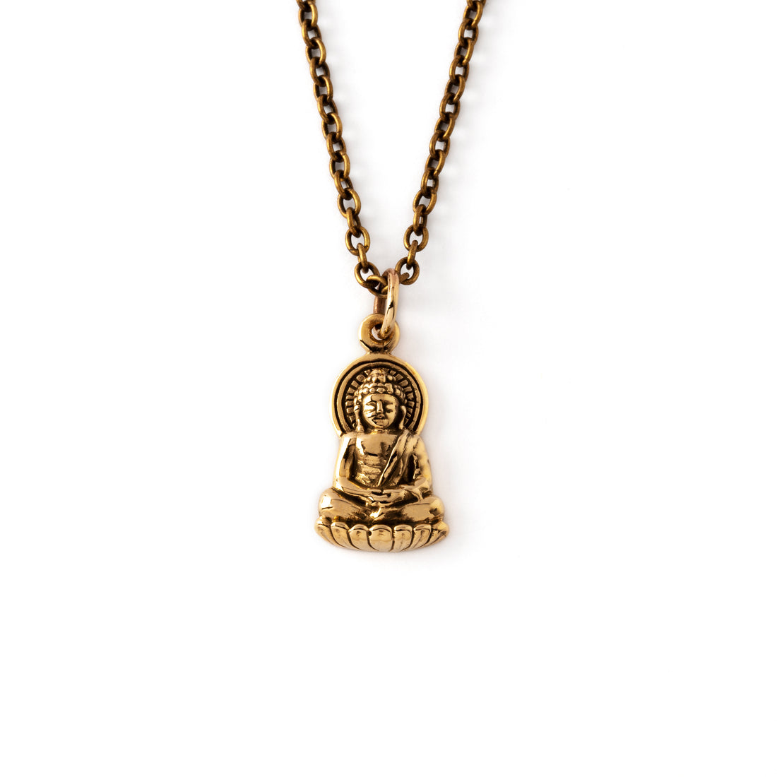 tiny bronze Buddha pendant on a bronze chain necklace front view
