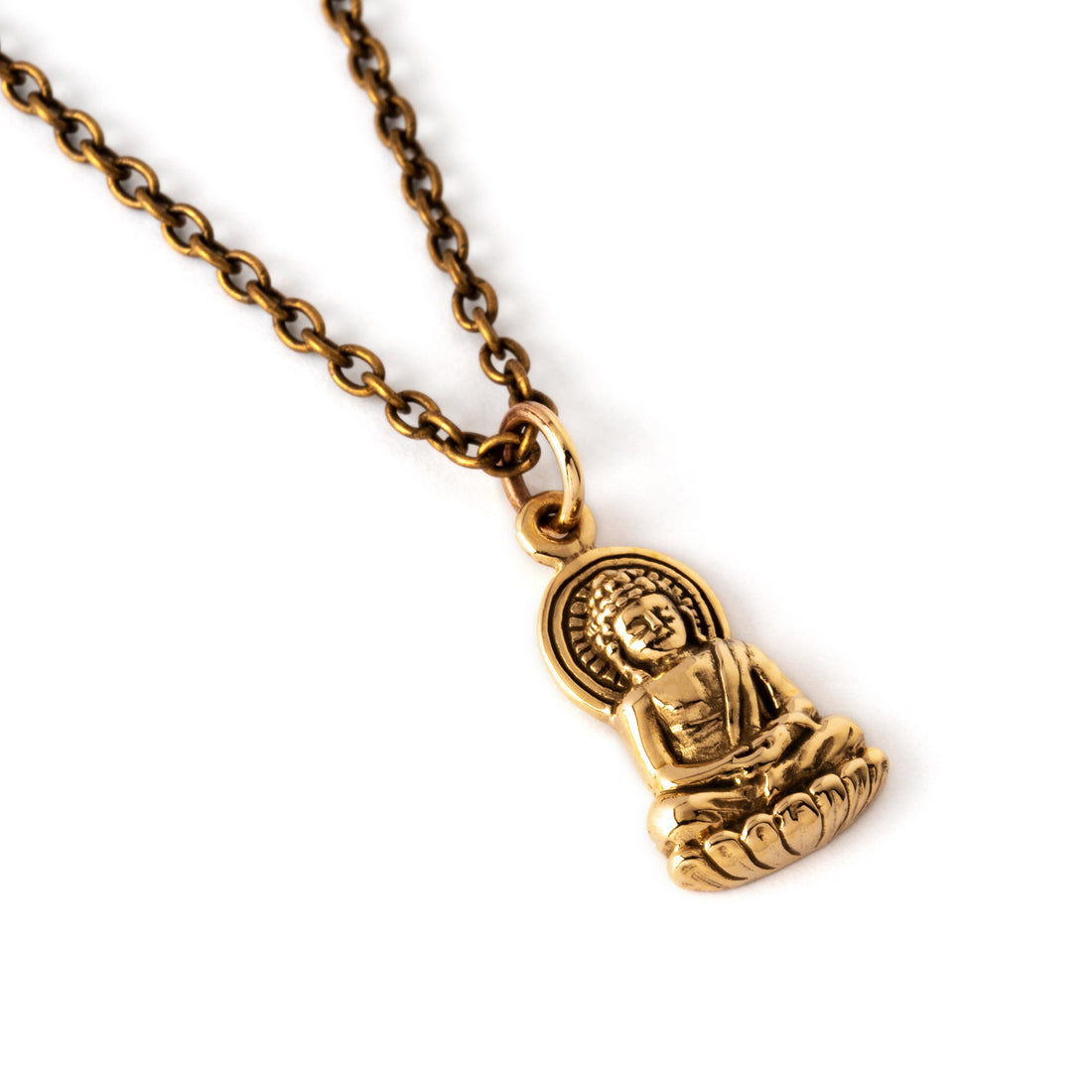 tiny bronze Buddha pendant on a bronze chain necklace side view