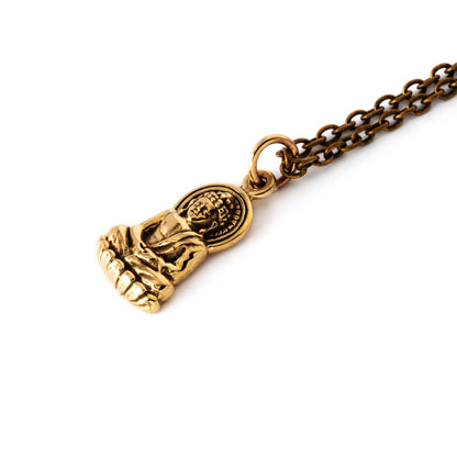 tiny bronze Buddha pendant on a bronze chain necklace