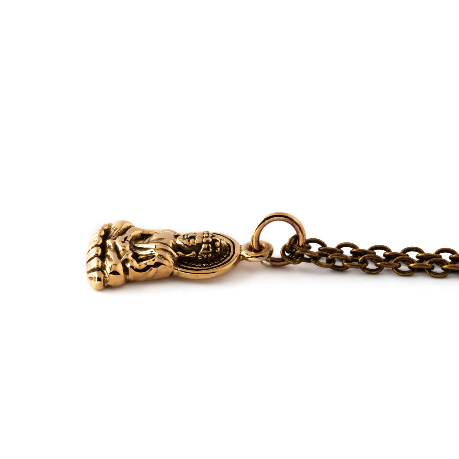 tiny bronze Buddha pendant on a bronze chain necklace down view