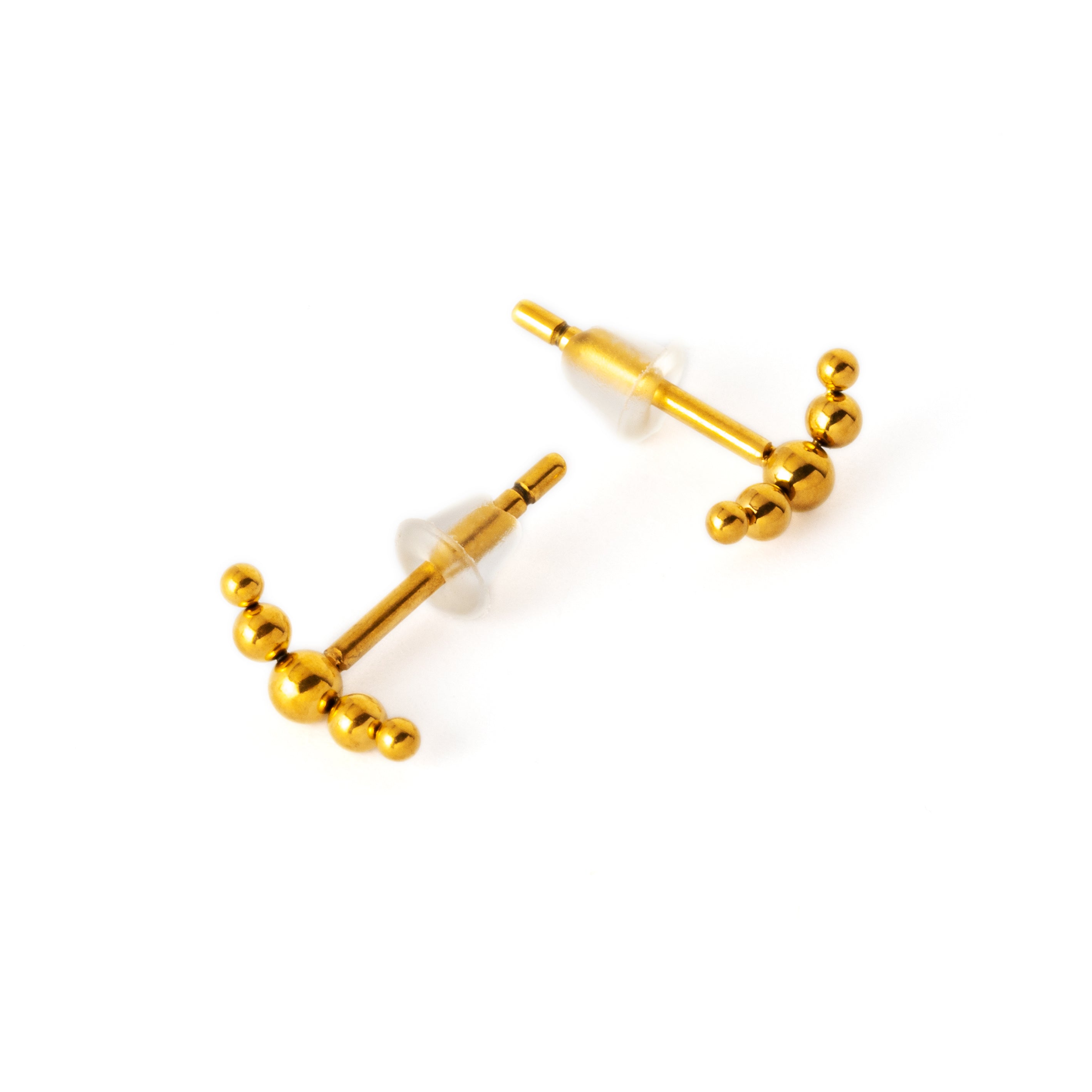 pair of Golden surgical steel spheres crescent shaped ear studs above view