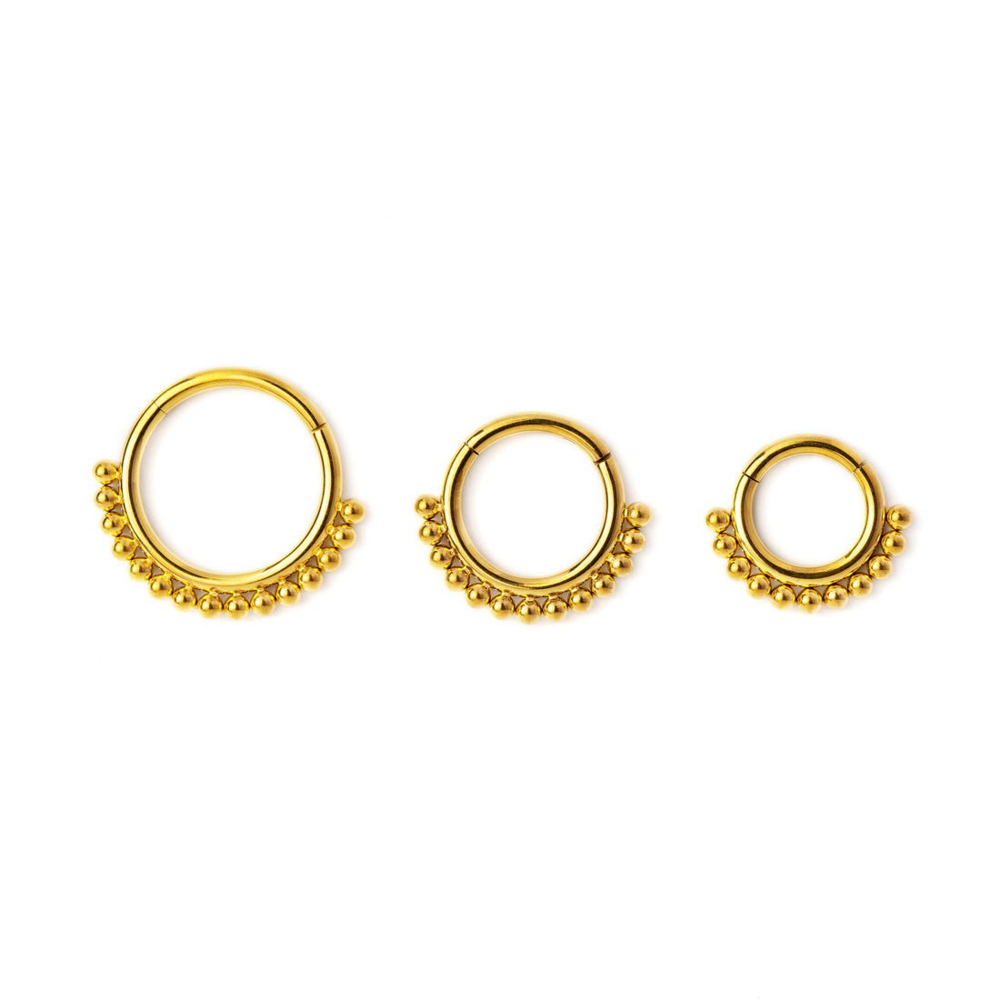 6mm, 8mm, 10mm Liya Gold surgical steel septum clicker rings frontal view