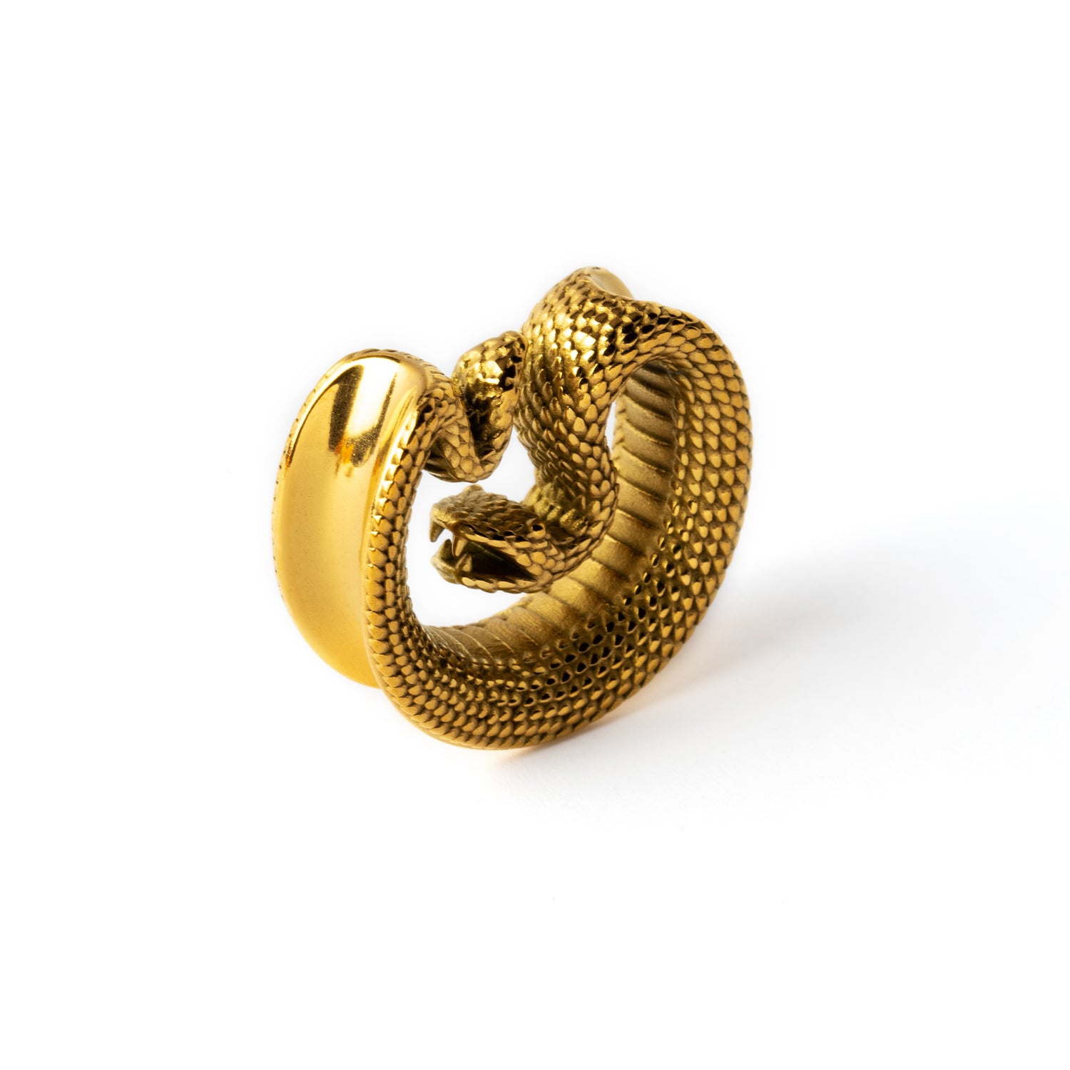 single golden surgical steel python snake plug tunnel right side view