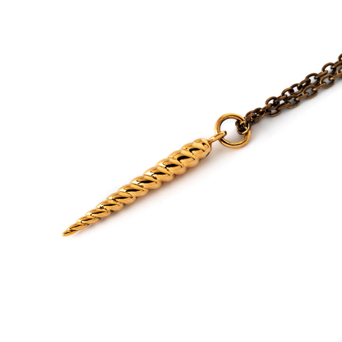 spiralling cone bronze pendant on a chain necklace