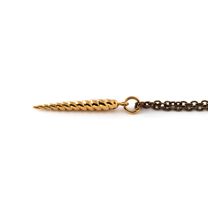 spiralling cone bronze pendant on a chain necklace down view