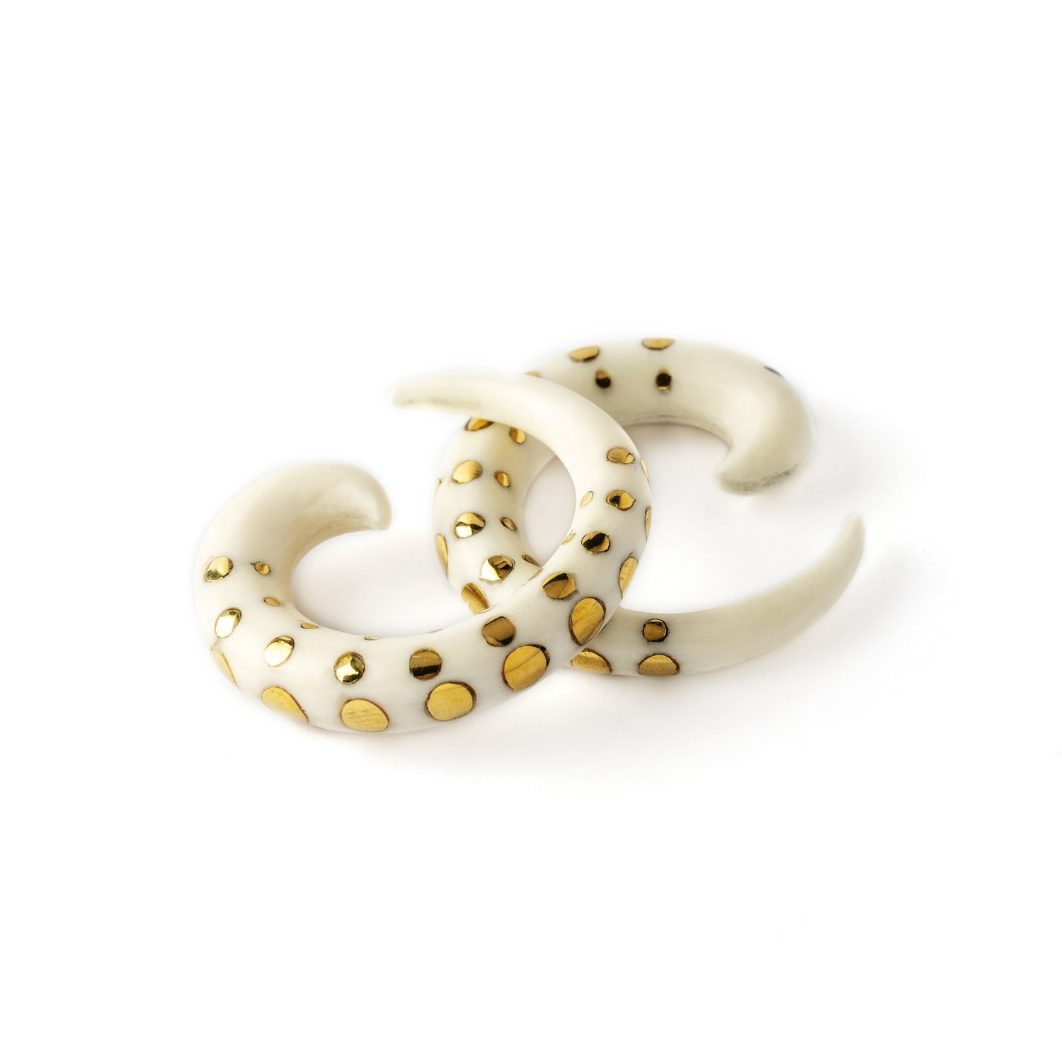 pair of white bone taper ear stretchers with golden dots