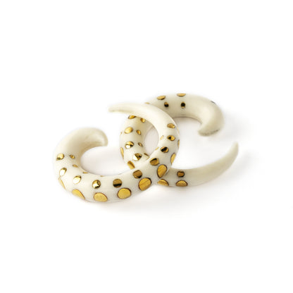 pair of white bone taper ear stretchers with golden dots
