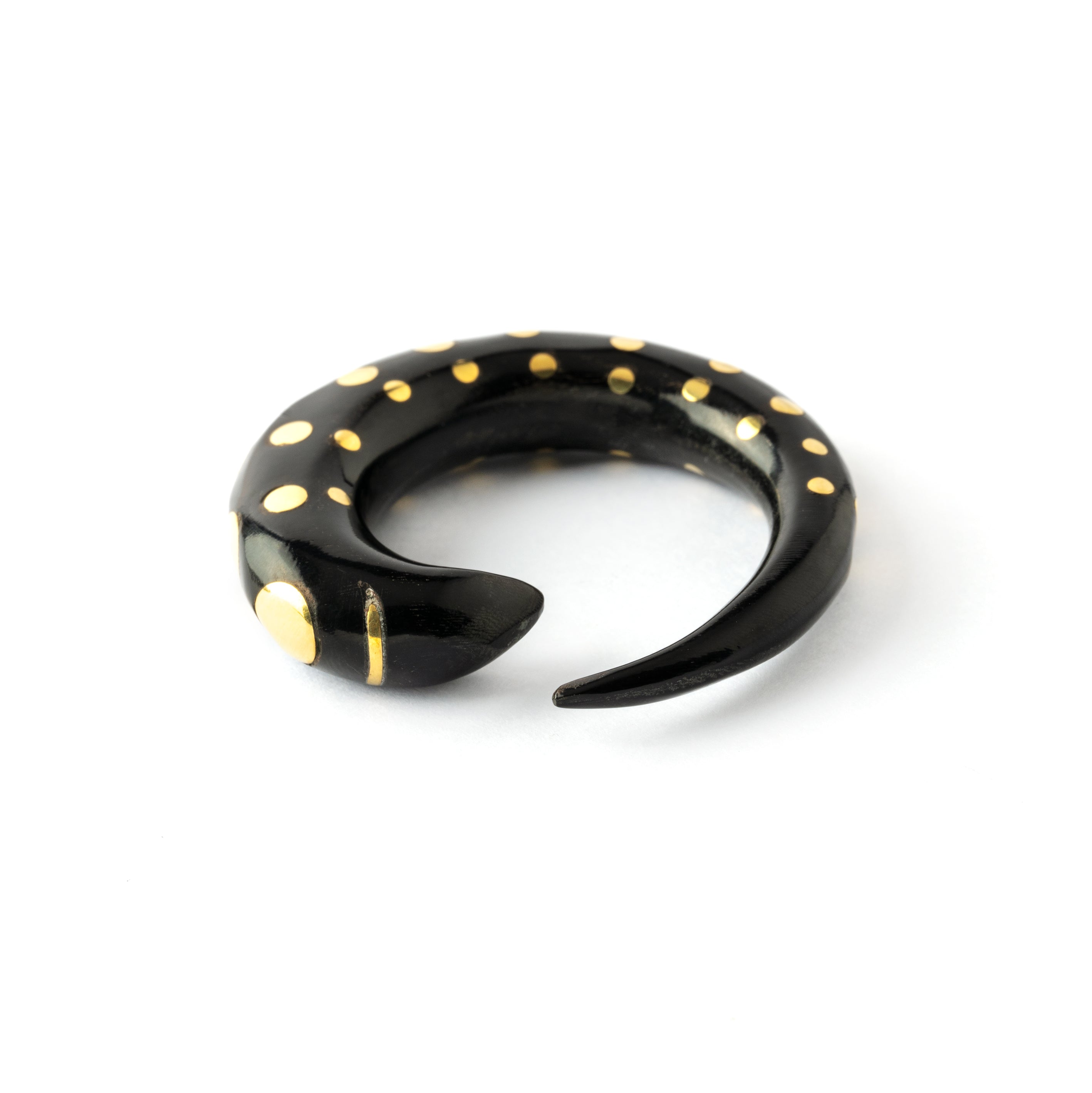 black horn taper ear stretcher with golden dots front side view