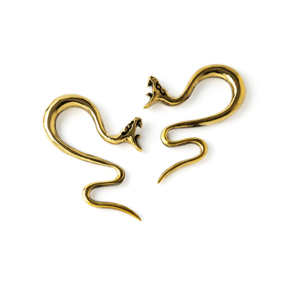 pair of gold brass serpent ear hangers for stretched ears size 4g, 2g, 0g frontal view