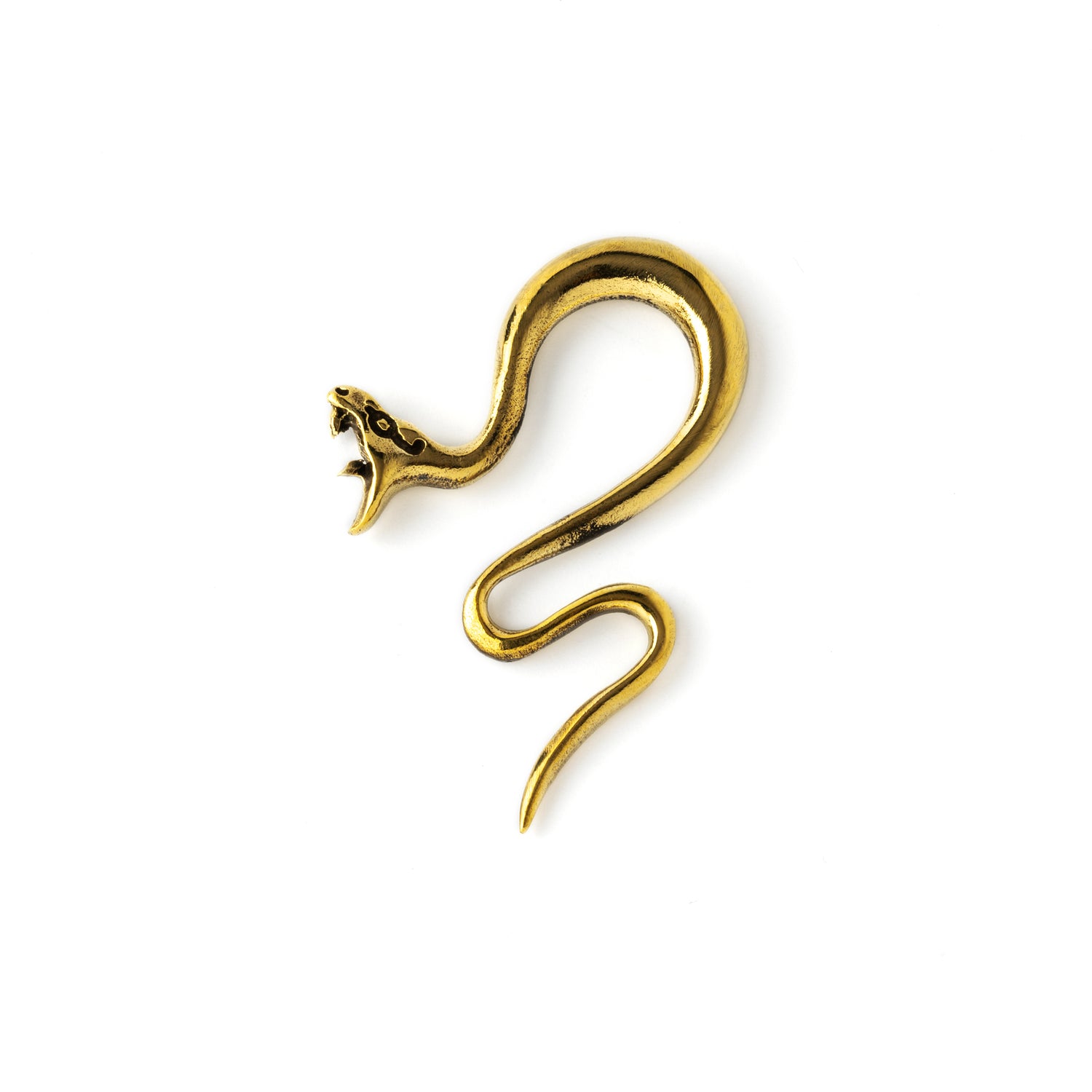 single gold brass serpent ear hangers stretchers for stretched ears frontal view