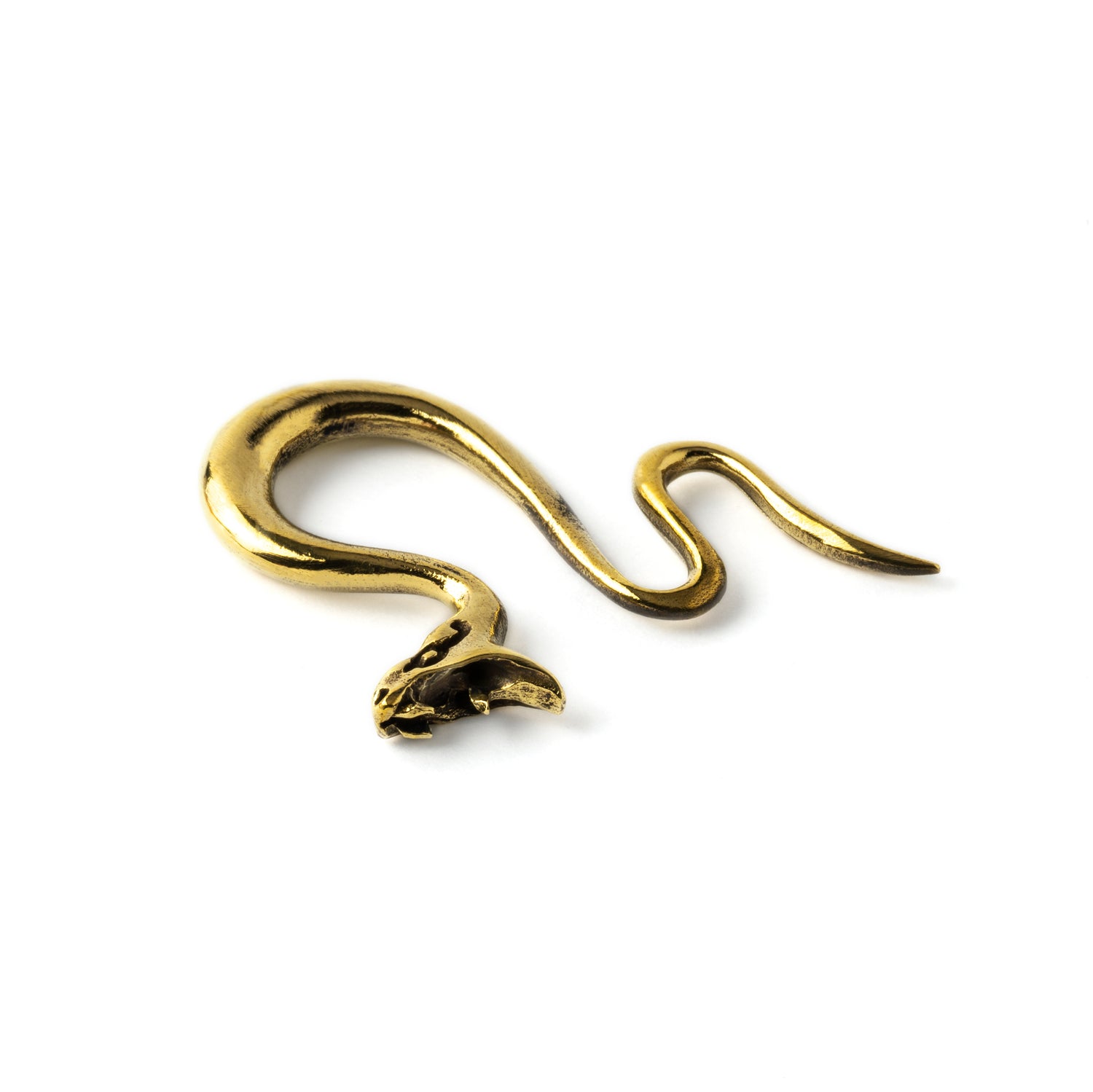 single gold brass serpent ear hangers stretchers for stretched ears frontal view