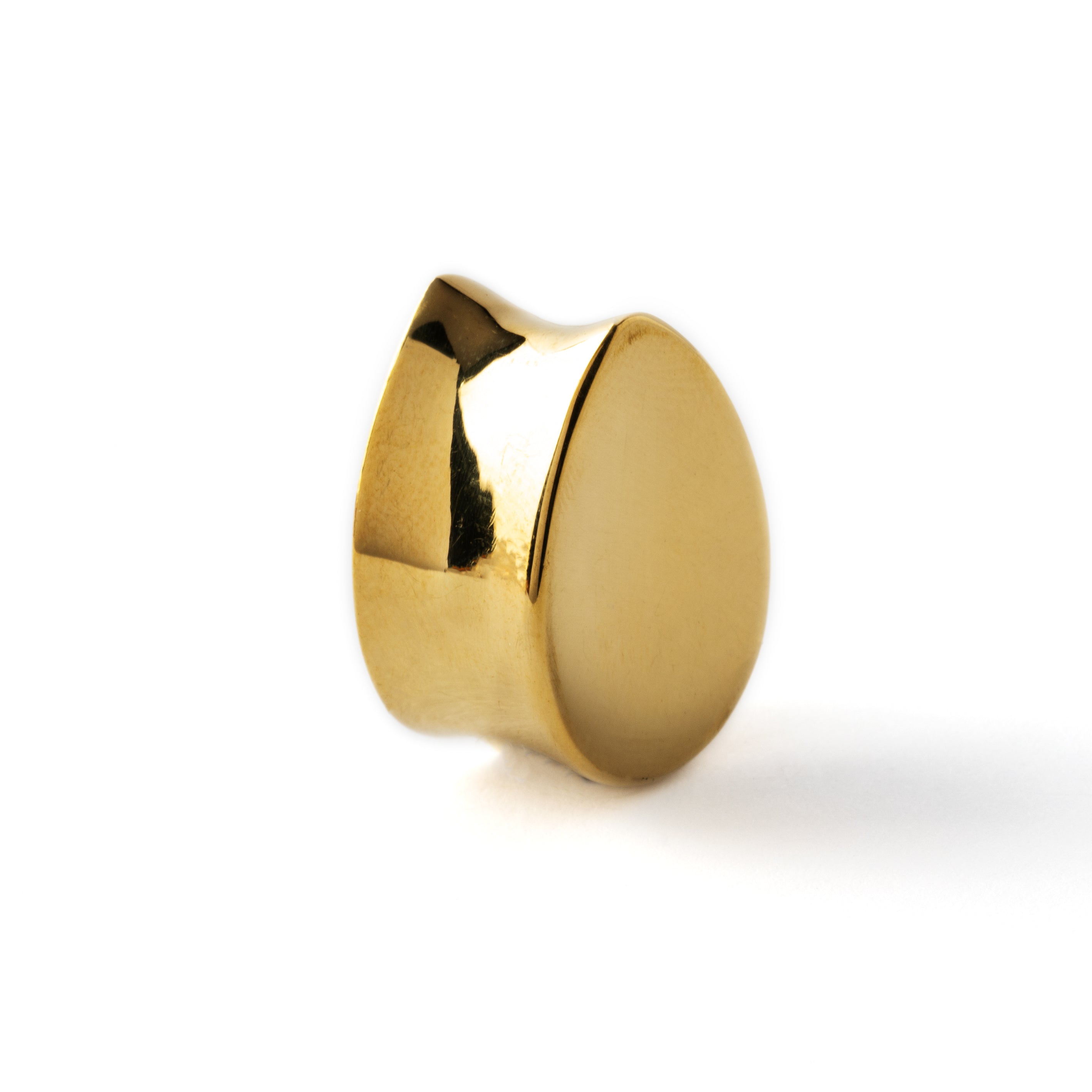 Golden brass teardrop rose quartz ear plug back view