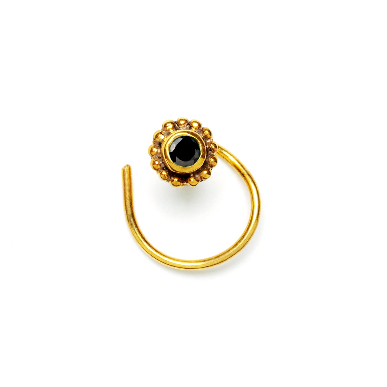 Gold Flower Nose Stud with black Spinel frontal view
