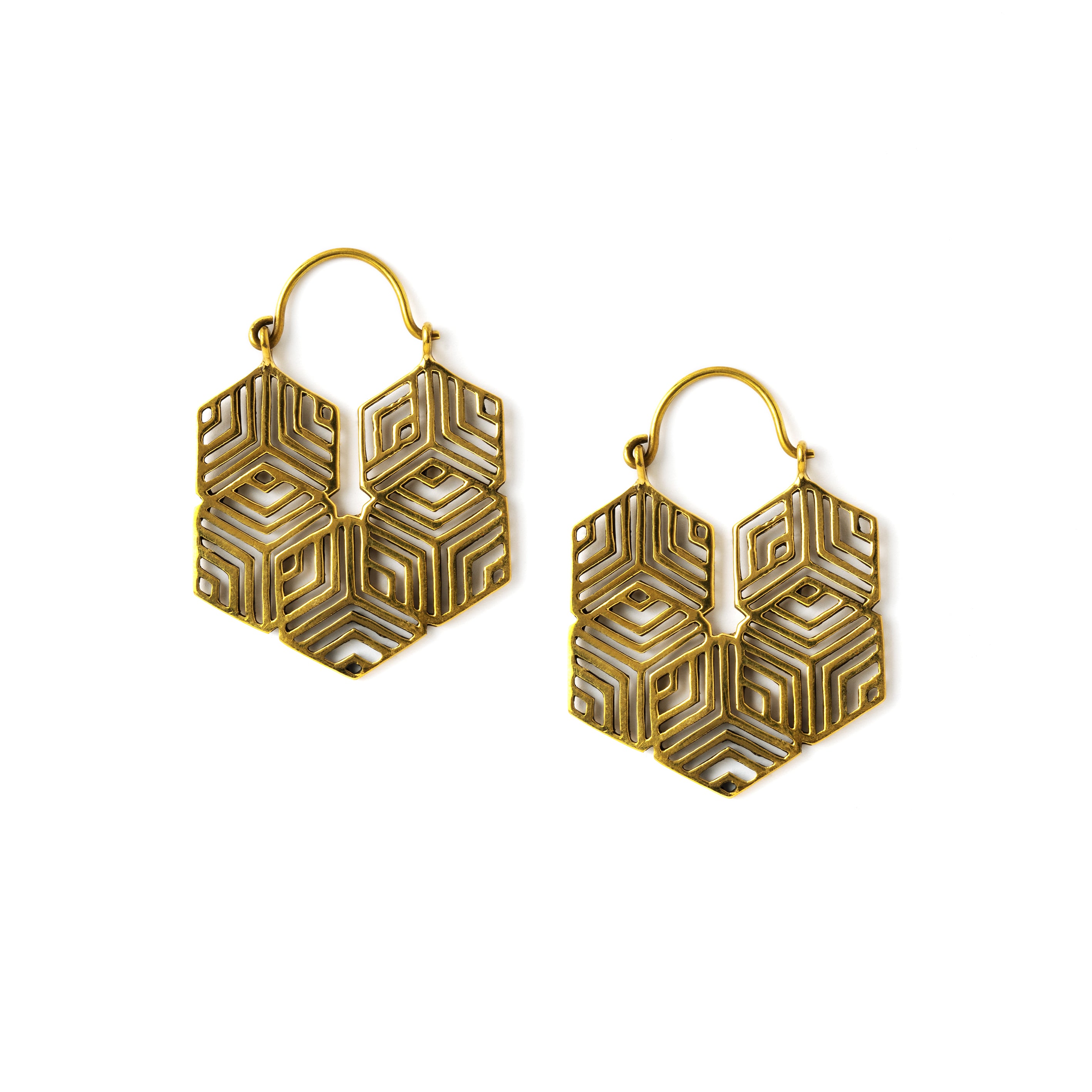 pair of golden brass geometric earrings frontal view