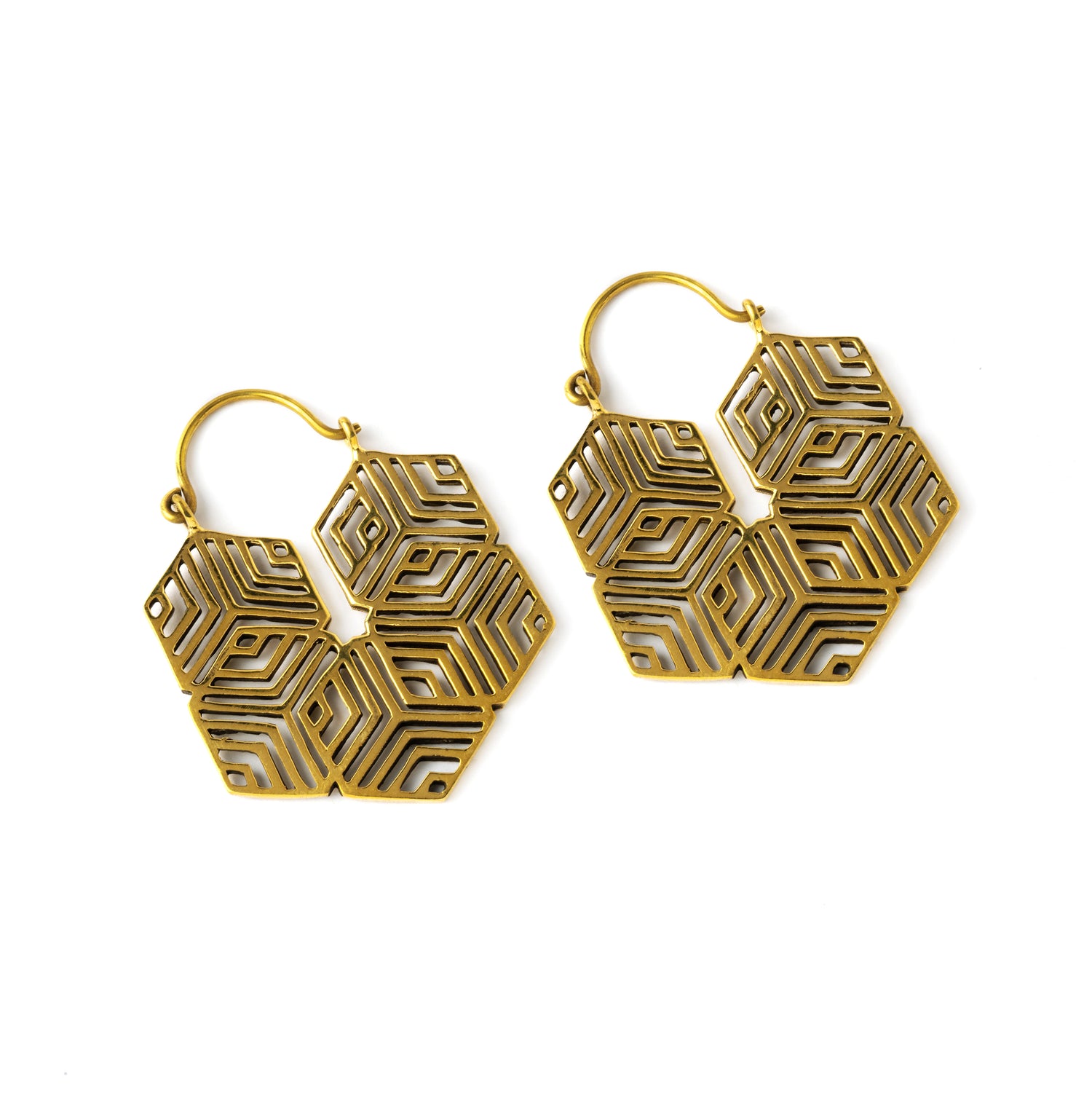 pair of golden brass geometric earrings left side view