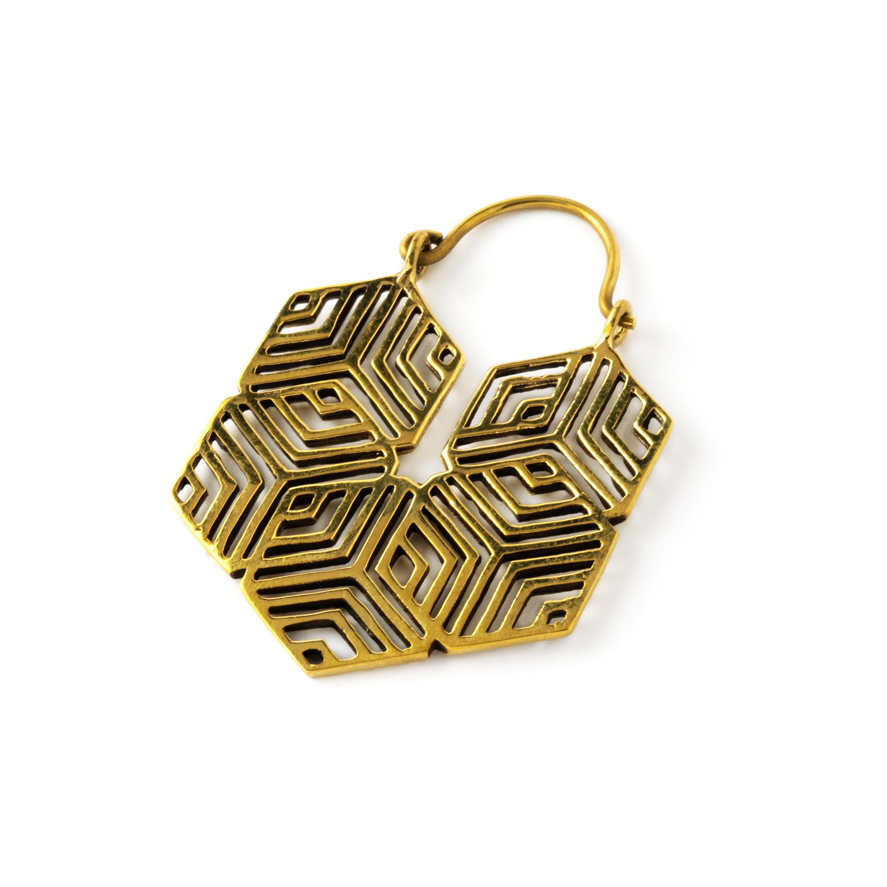 single golden brass geometric earring right side view