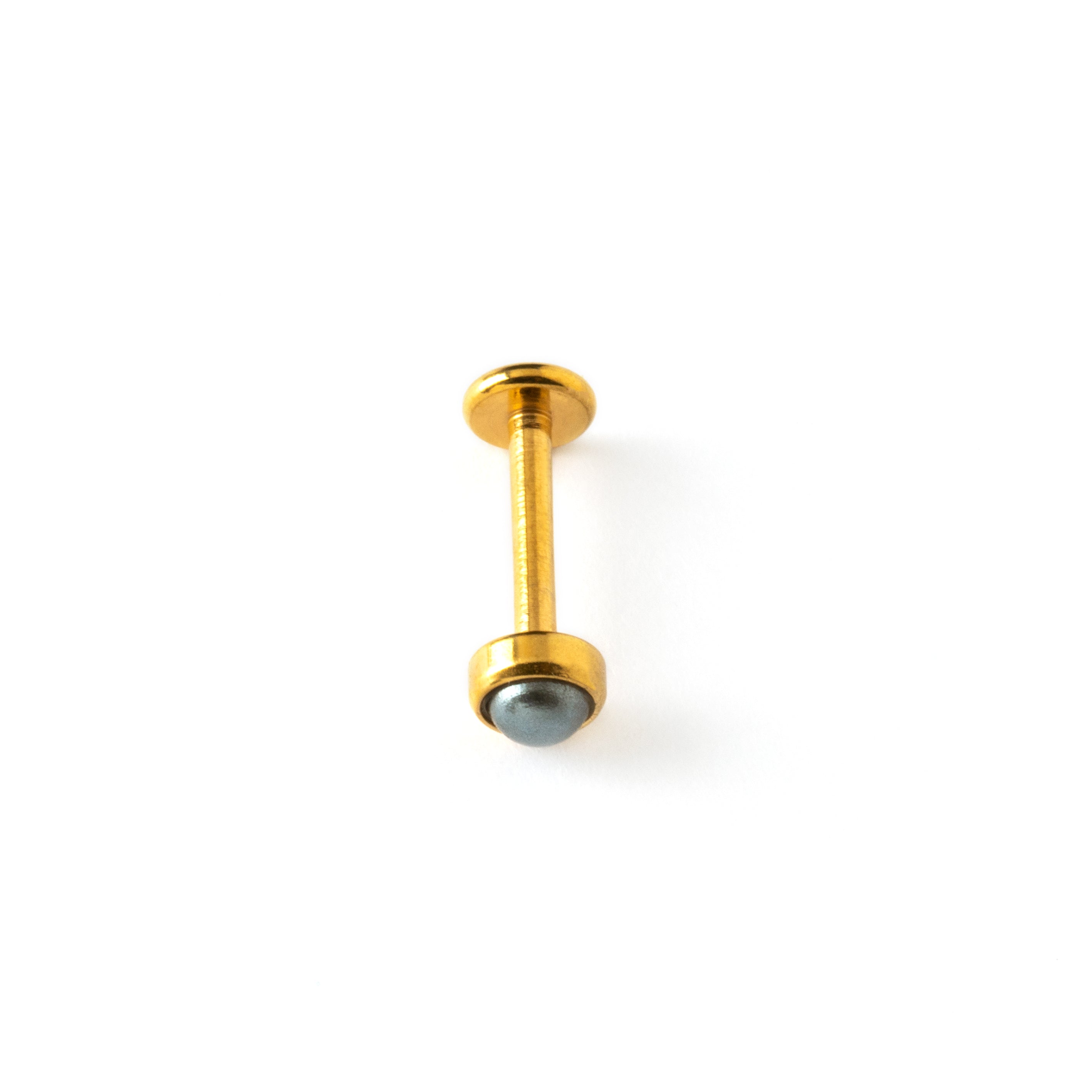 golden surgical steel internally threaded labret with black pearl stone above view