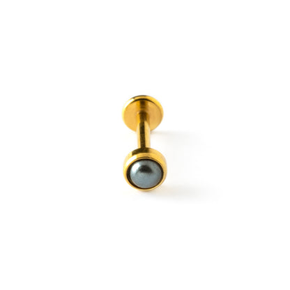 golden surgical steel internally threaded labret with black pearl stone frontal view