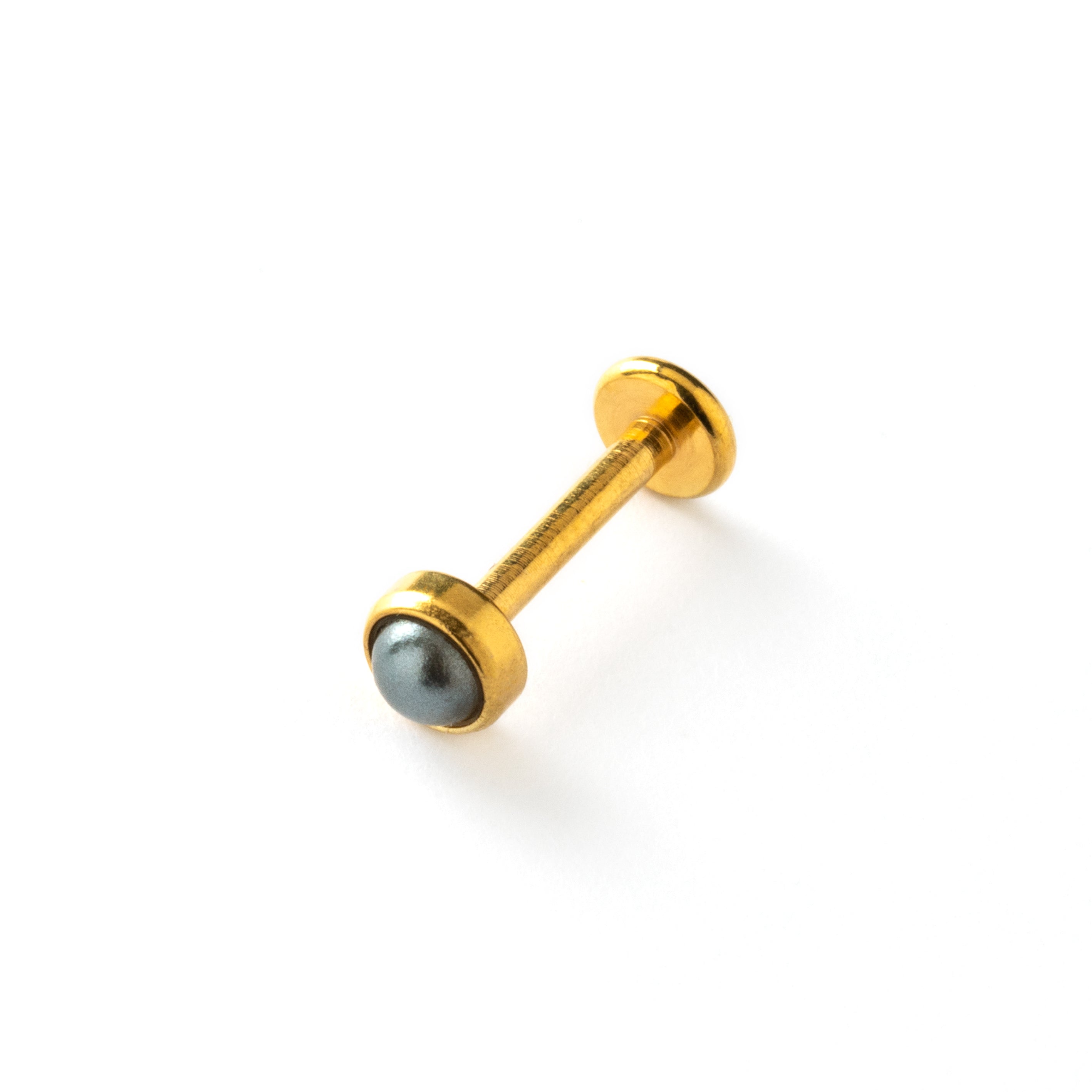 golden surgical steel internally threaded labret with black pearl stone left side view