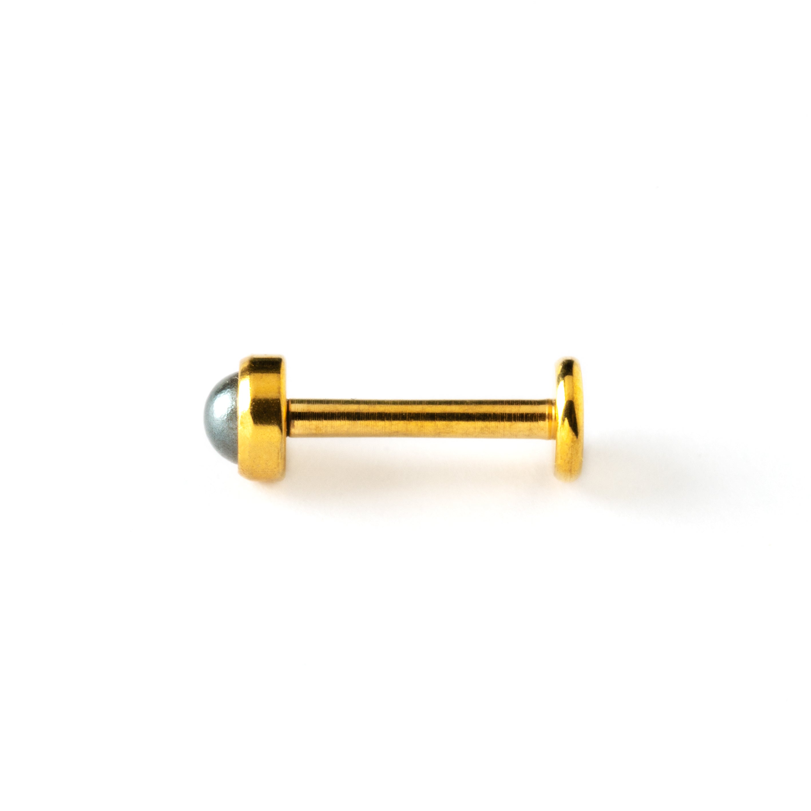 golden surgical steel internally threaded labret with black pearl stone side view