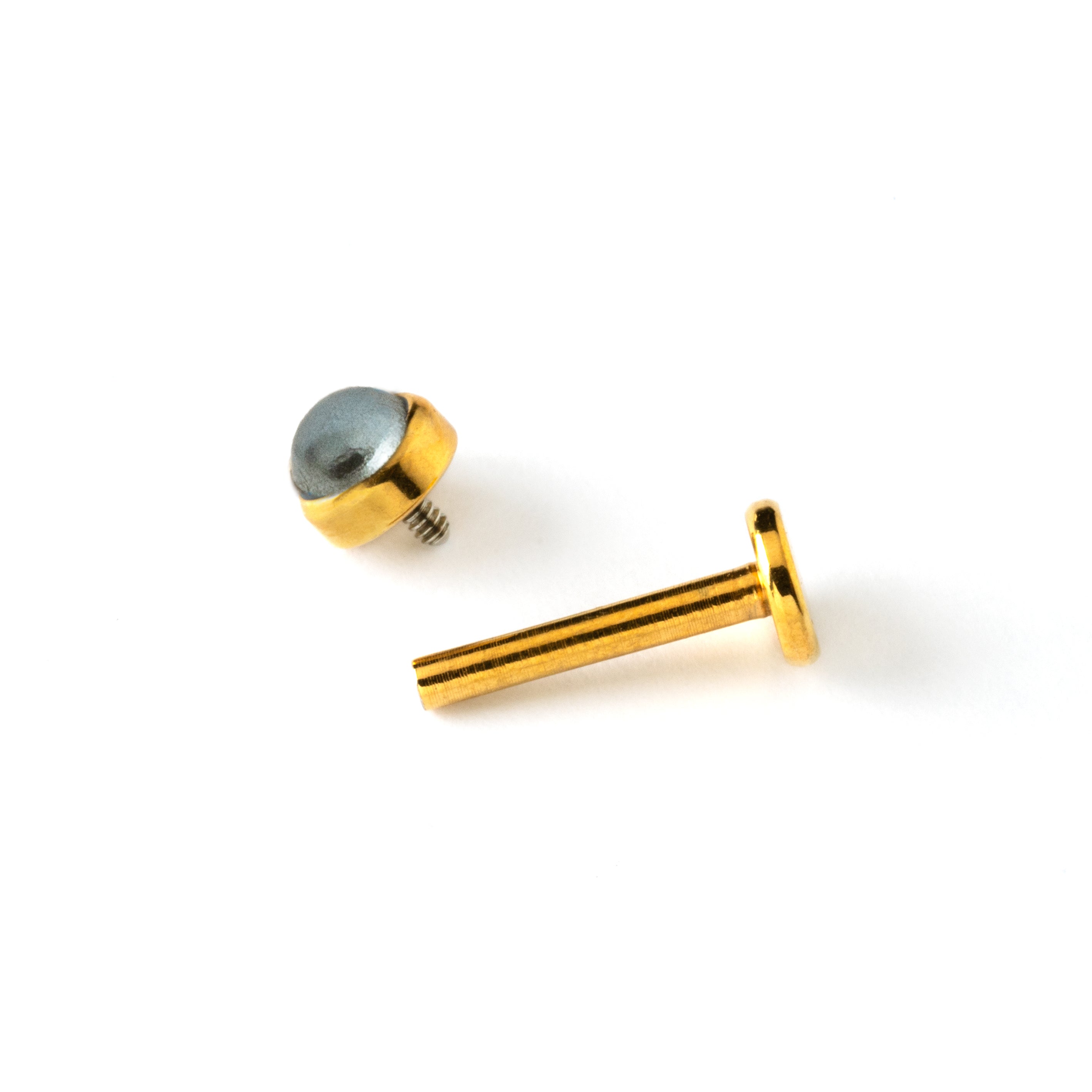 golden surgical steel internally threaded labret with black pearl stone closure view