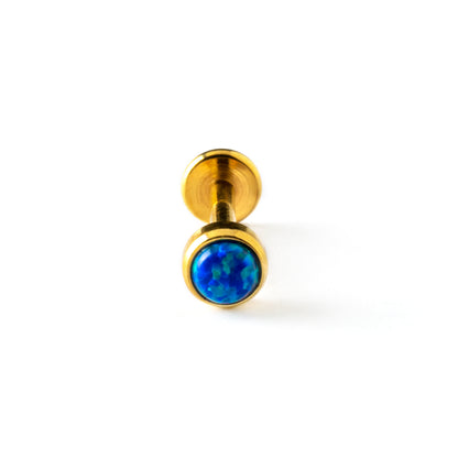 golden surgical steel internally threaded labret with blue opal stone frontal view