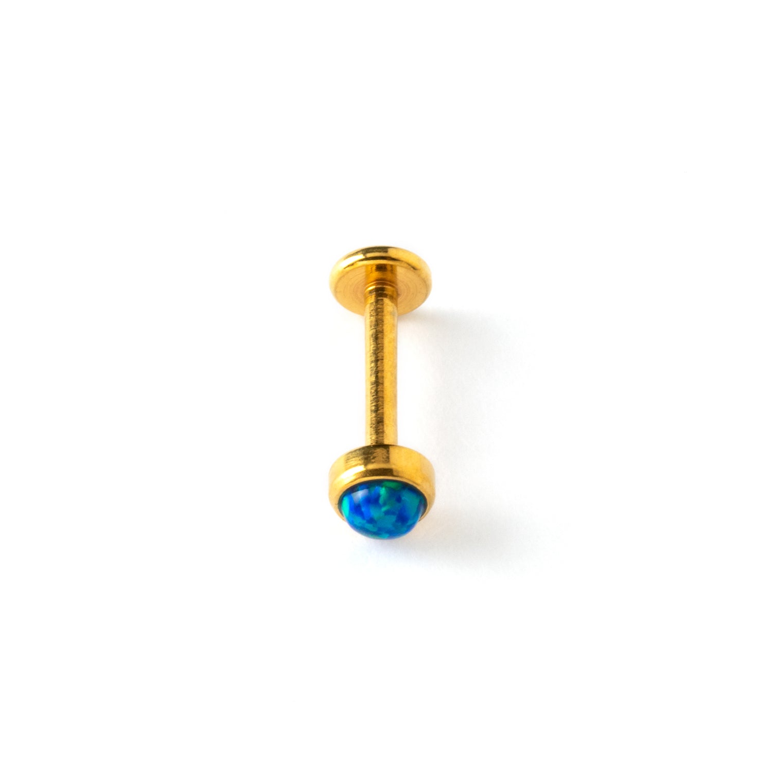 golden surgical steel internally threaded labret with blue opal stone above view