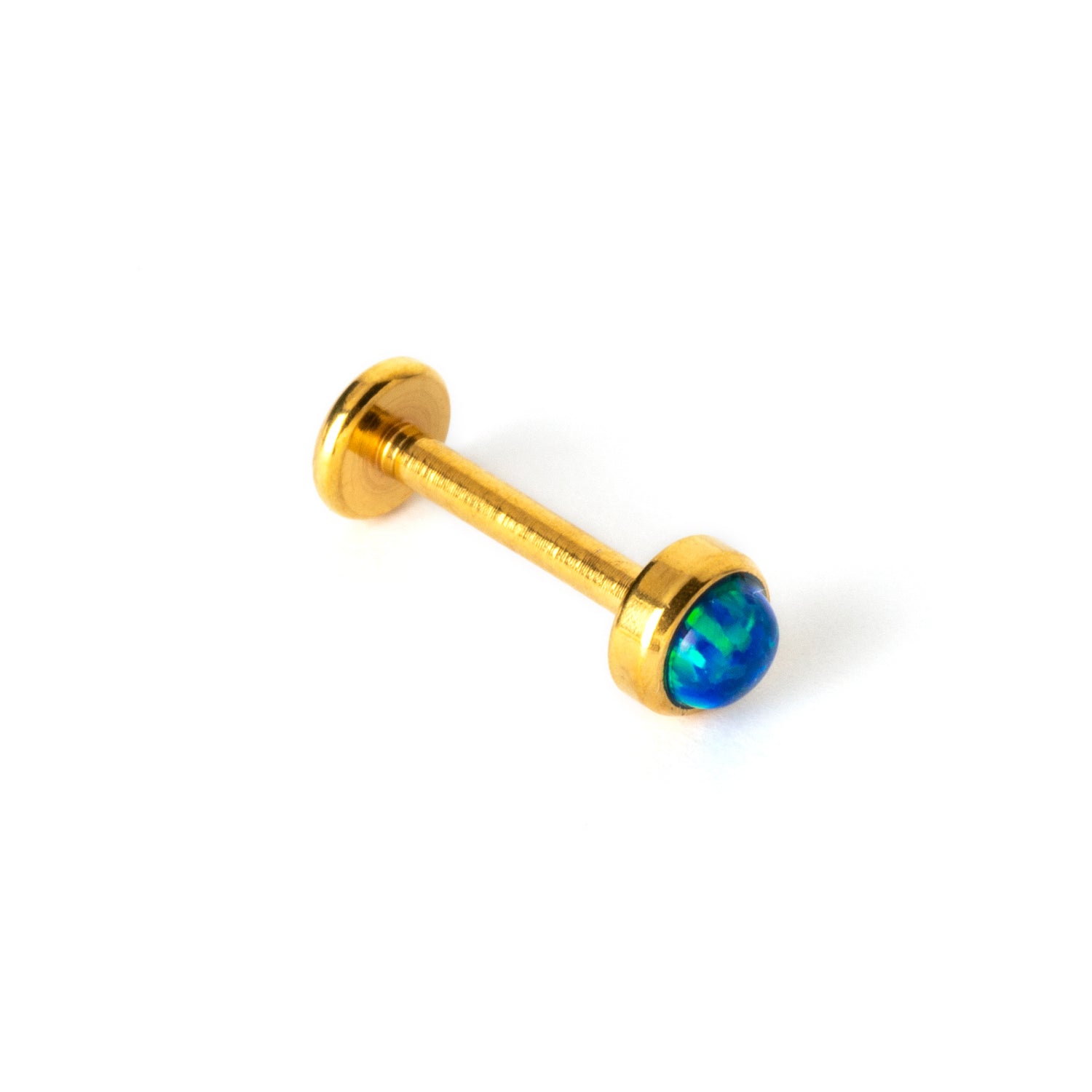 golden surgical steel internally threaded labret with blue opal stone right side view