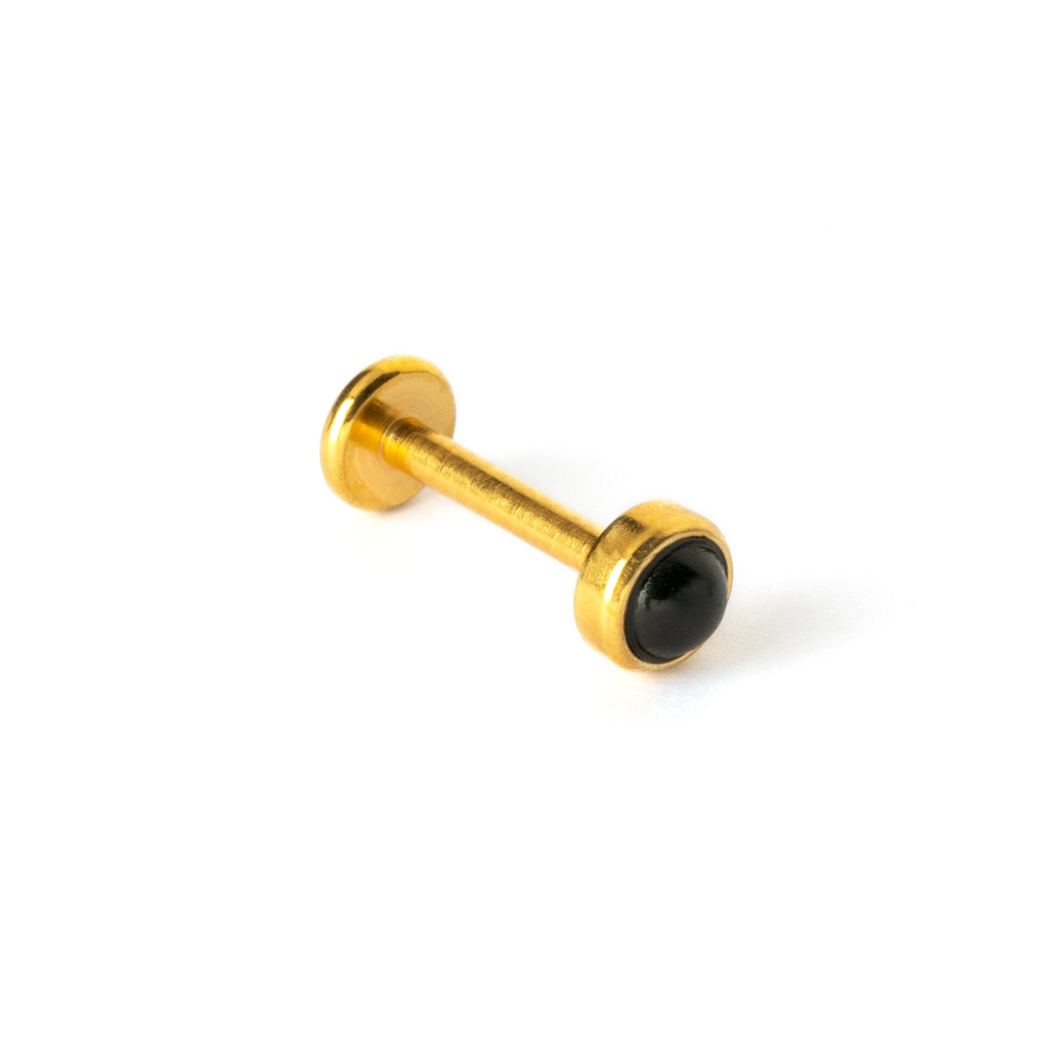 golden surgical steel internally threaded labret with black onyx stone right side view