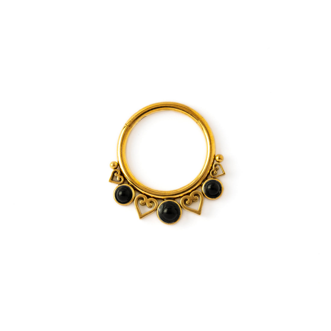 Golden Neptune Septum Clicker with black Onyx frontal view