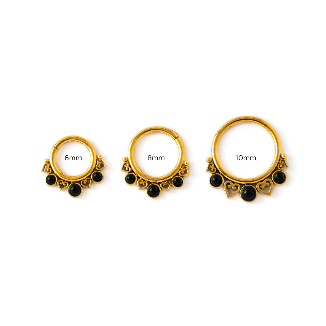 6mm, 8mm, 10mm Golden Neptune Septum Clickers with black Onyx frontal view
