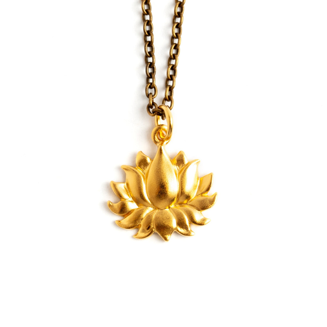 Petite Gold Lotus Charm necklace frontal view