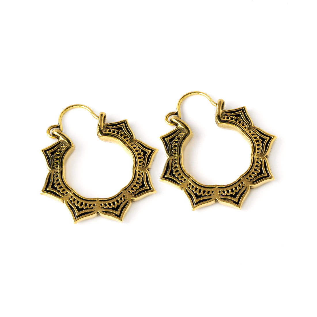 pair of golden brass open lotus hoop earrings right front view