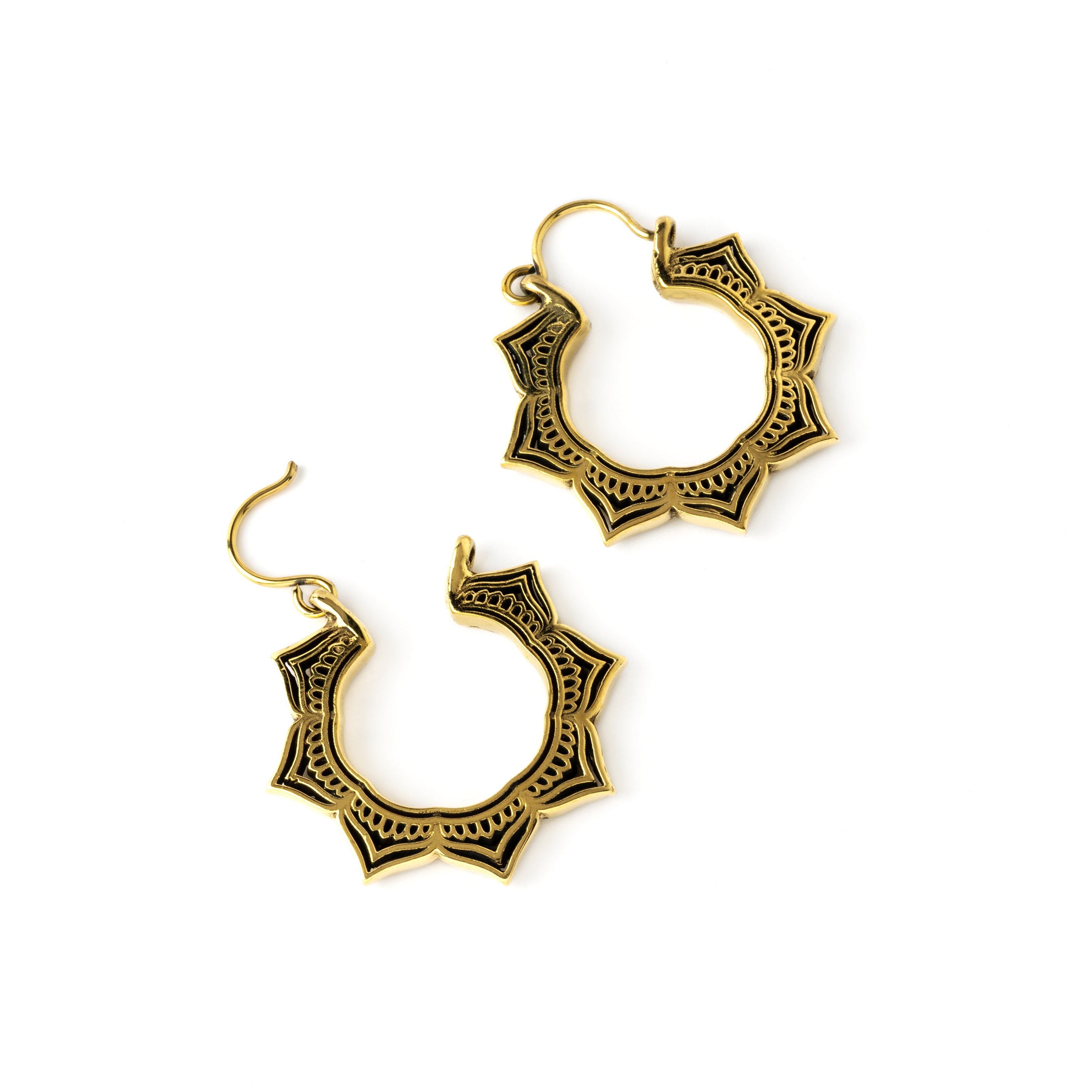 pair of golden brass open lotus hoop earrings right side open mode view