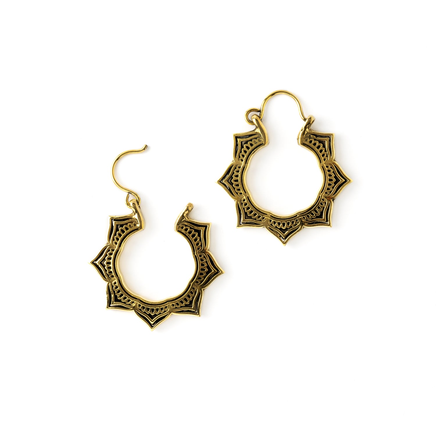 pair of golden brass open lotus hoop earrings front open mode view