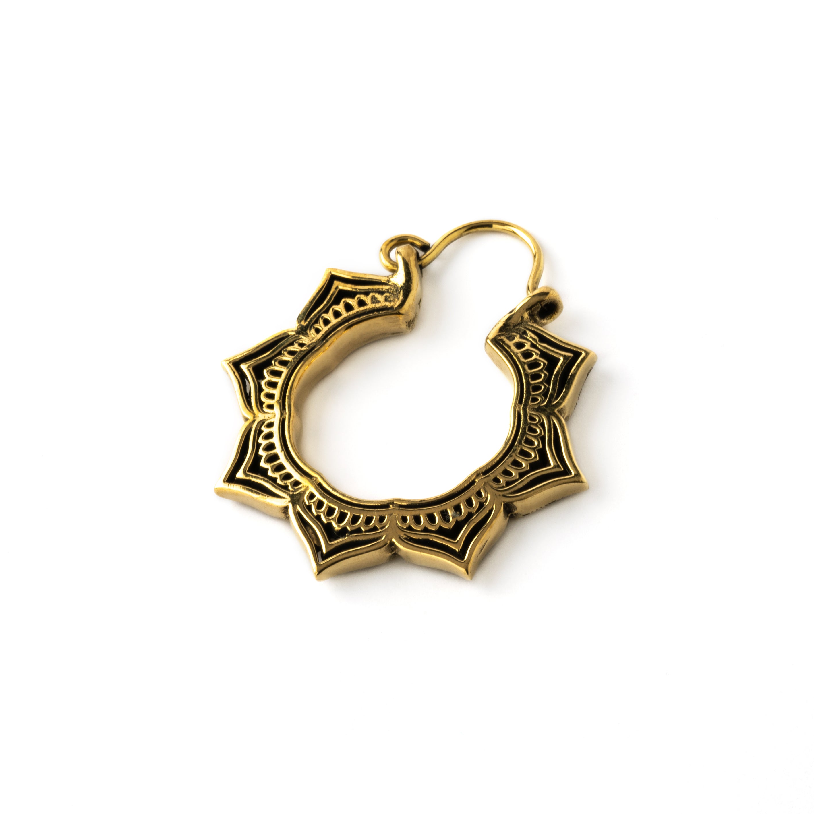 single golden brass open lotus hoop earring left side view