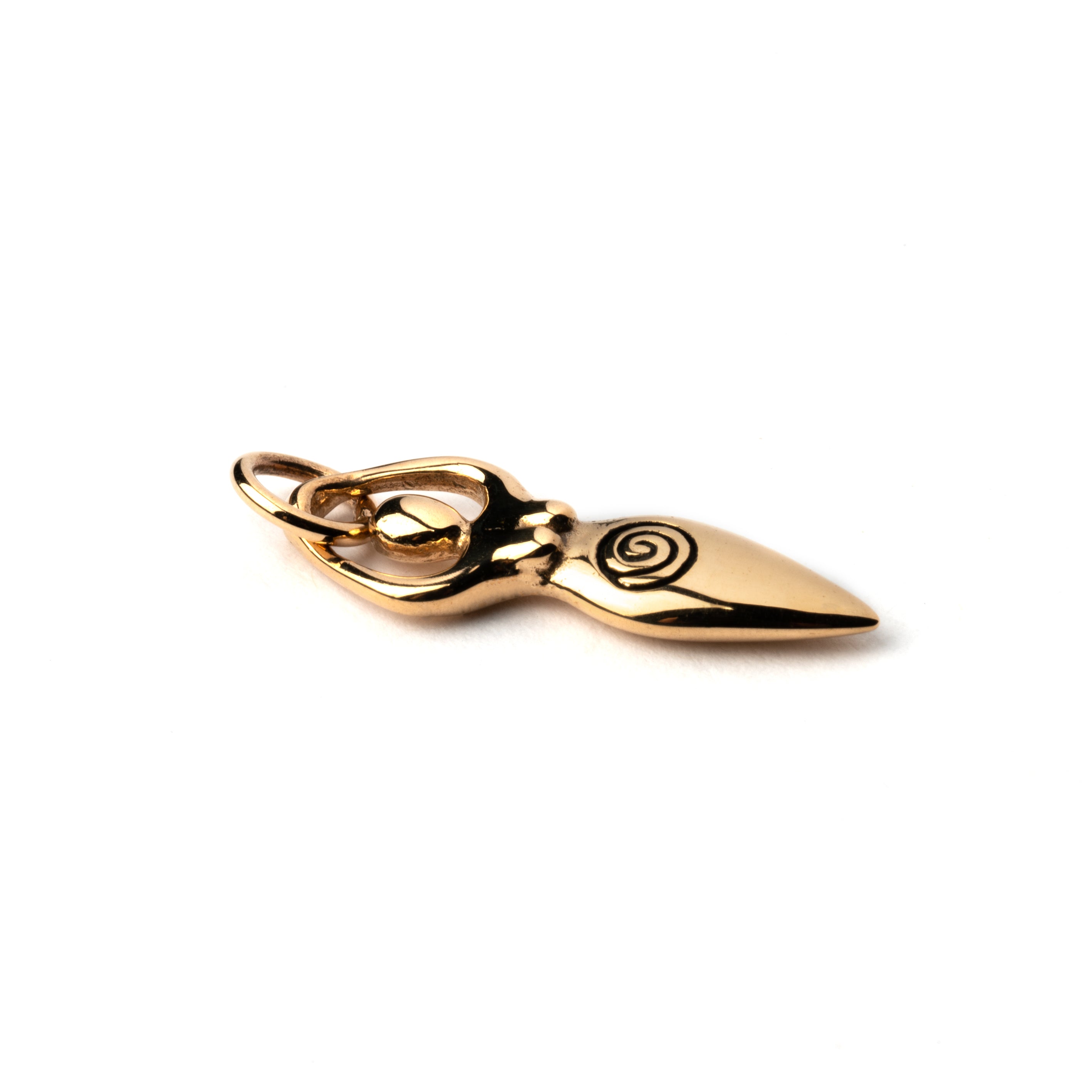 Tiny bronze Fertility goddess with etched spiral charm pendant side view 