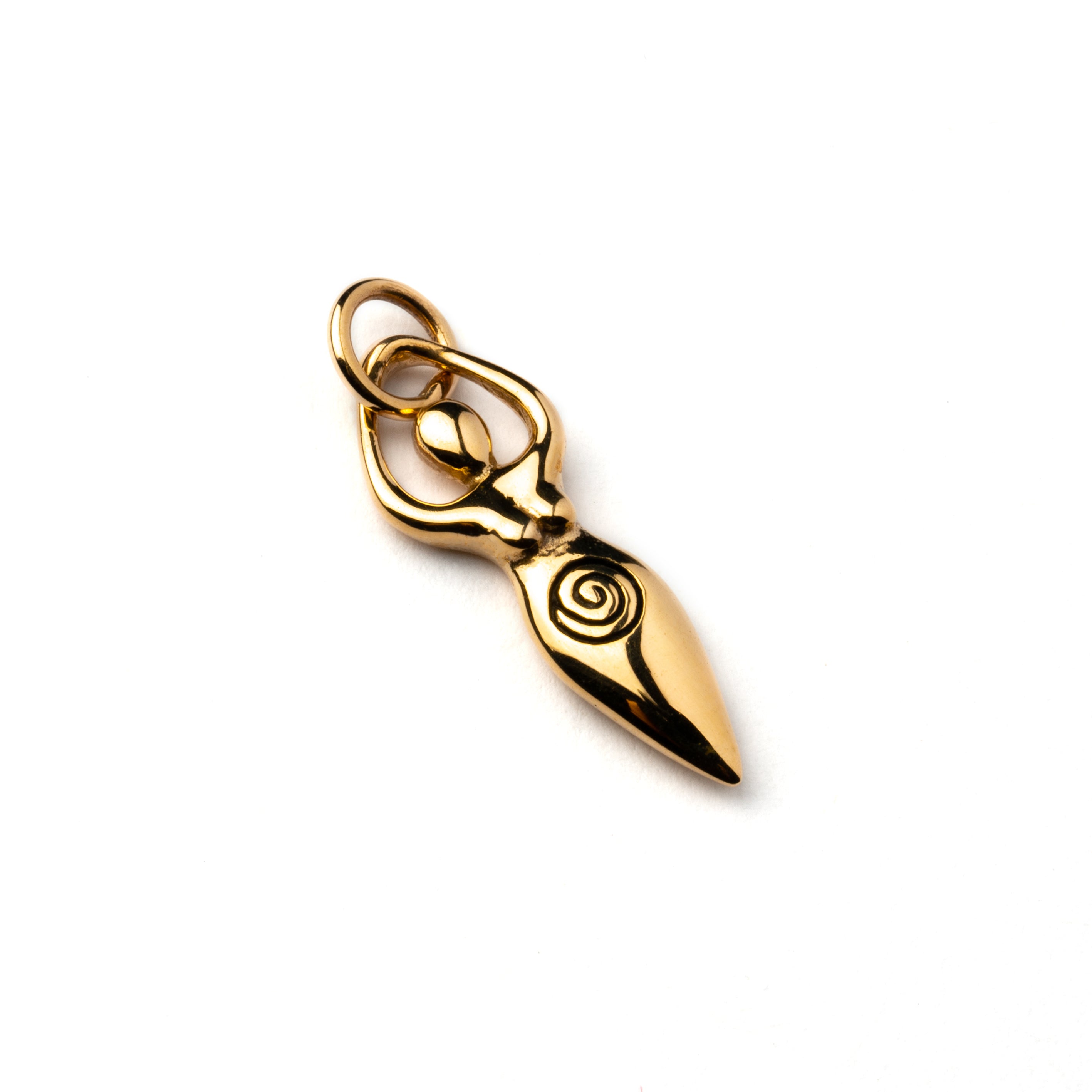 Tiny bronze Fertility goddess with etched spiral charm pendant left side view 