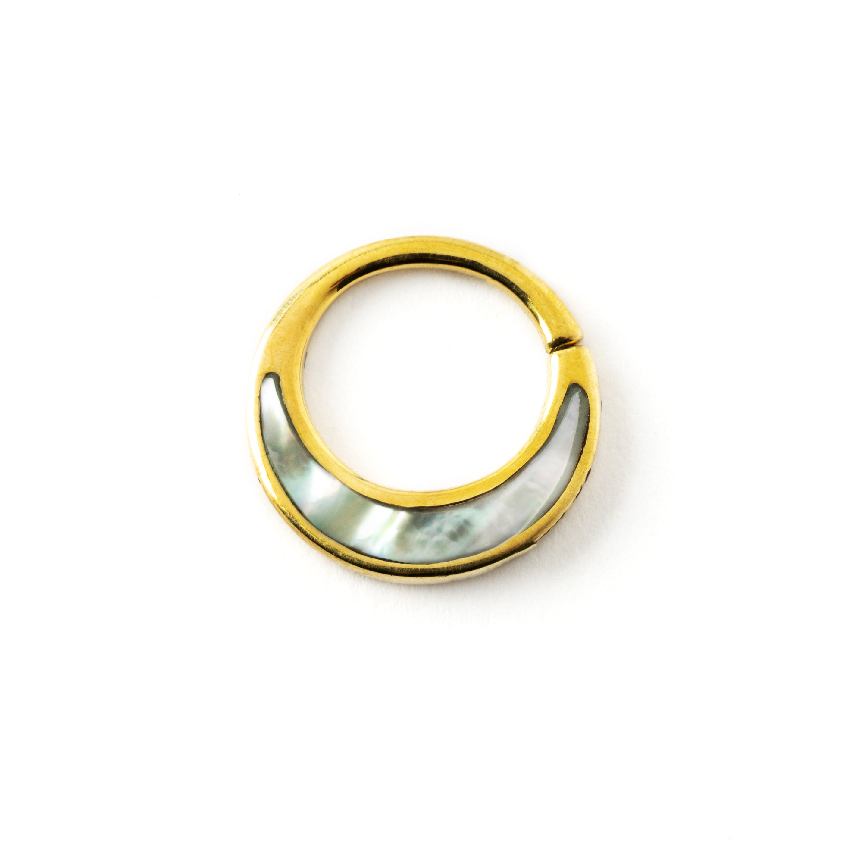 Golden brass septum piercing ring with mother of pearl inlay frontal view