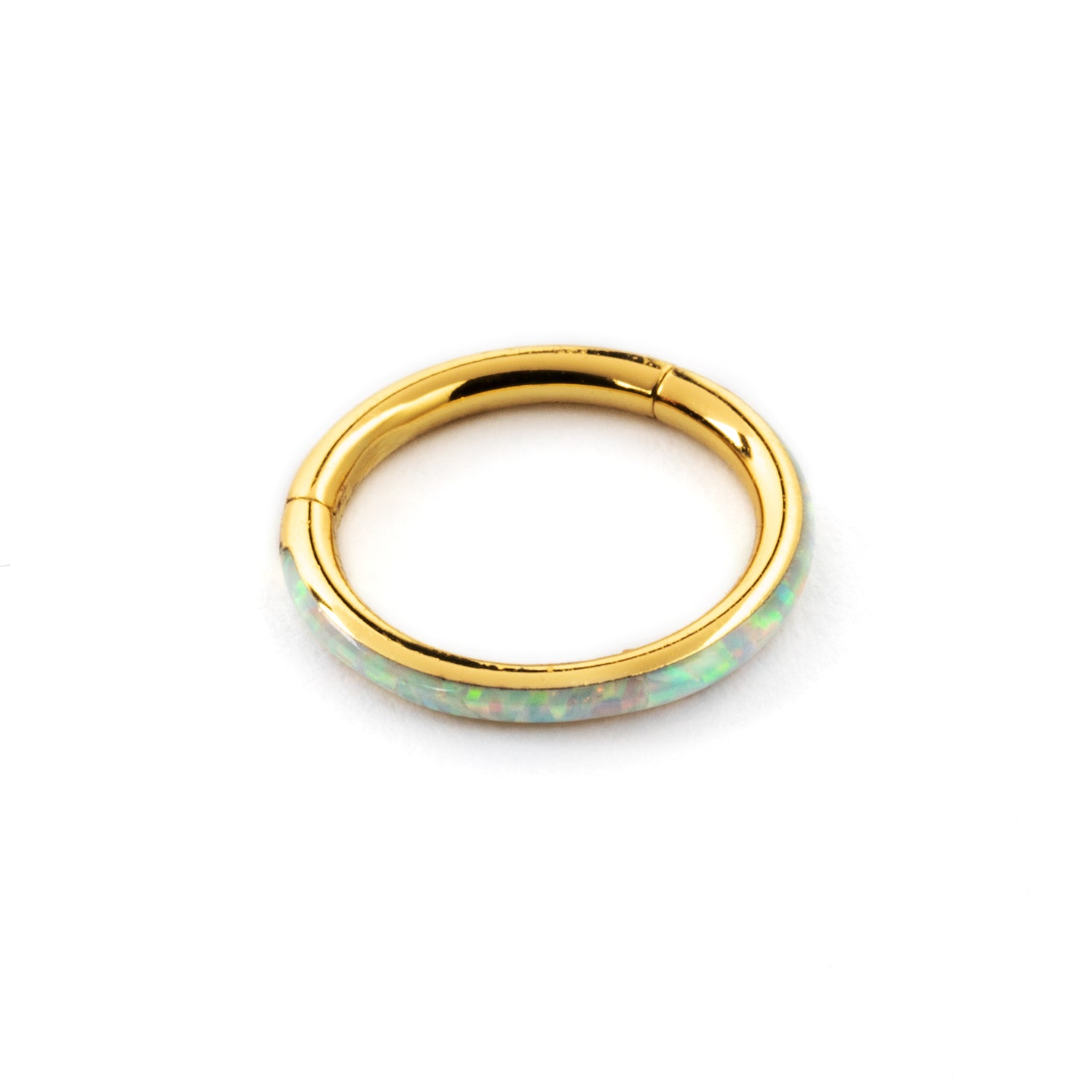 Gold surgical steel septum clicker ring with white opal inlay right side view 