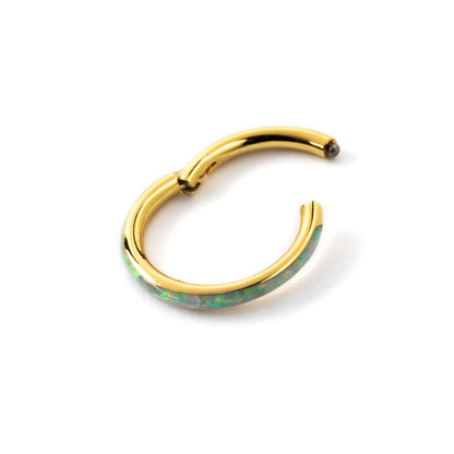 Gold surgical steel septum clicker ring with white opal inlay closure view 
