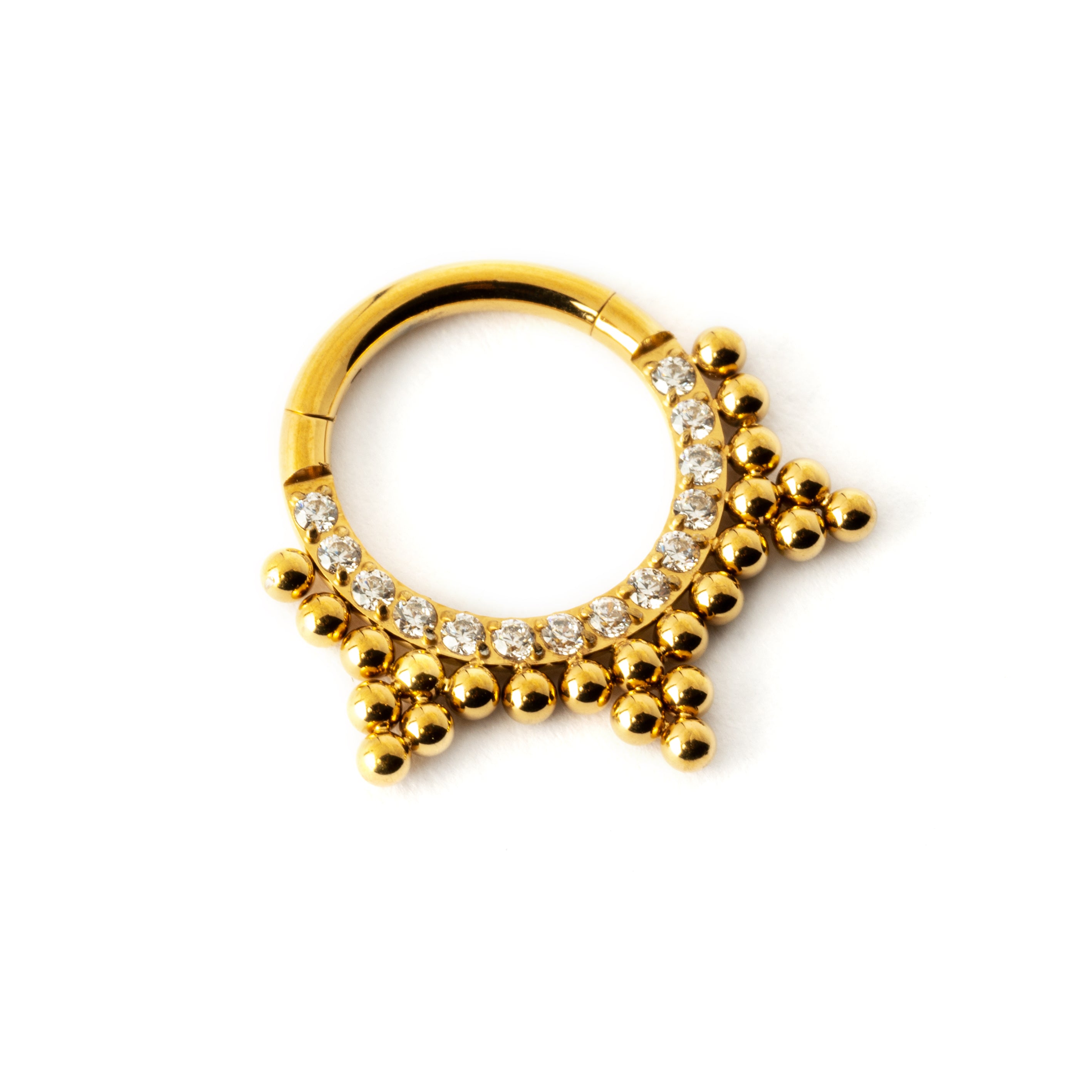 Dharma Gold zircon septum clicker ring left side view