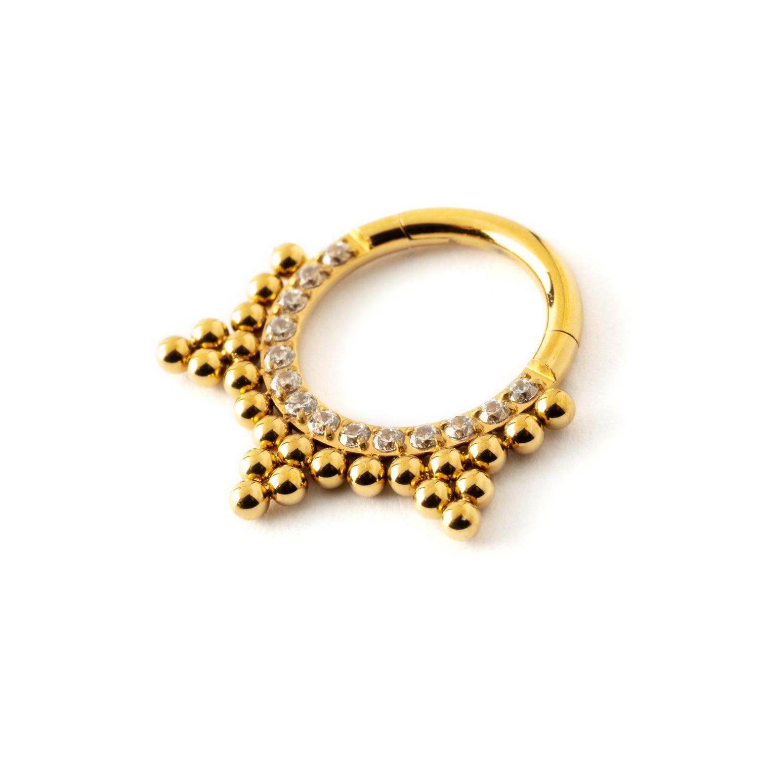 Dharma Gold zircon septum clicker ring right side view