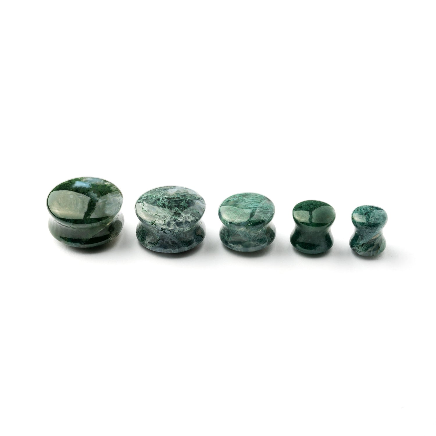 several sizes of African Green Jade double flare stone ear plugs side and front view