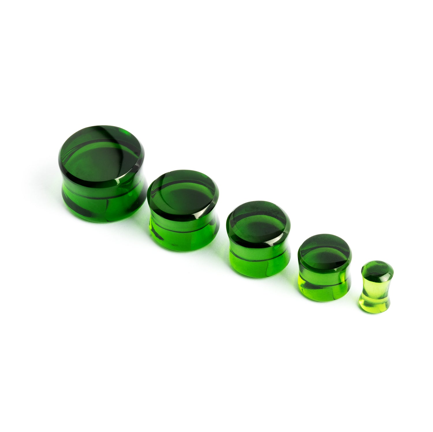 several sizes of Green Obsidian stone double flare ear plugs 