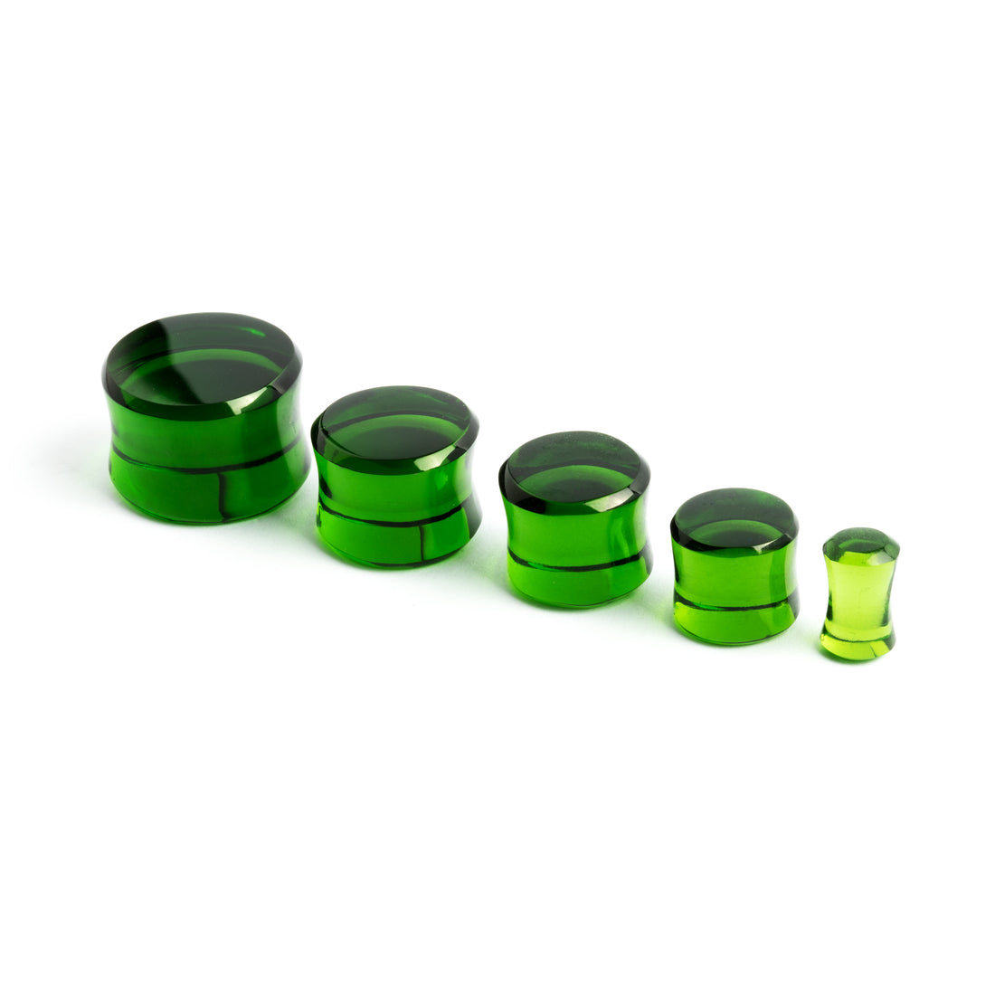 several sizes of Green Obsidian stone double flare ear plugs side view