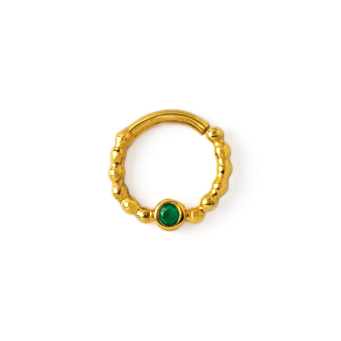 gold dotted septum ring with Emerald gemstone frontal view