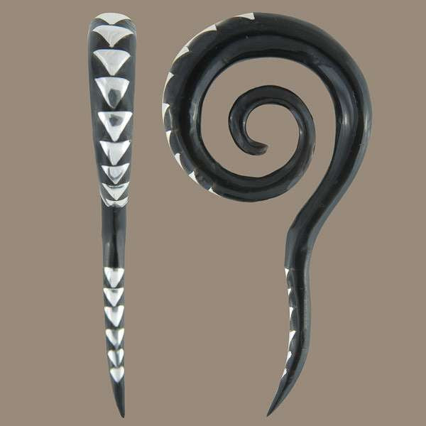 Spiral Top Horn Ear Stretcher with Silver Triangles Inlays - Tribu
