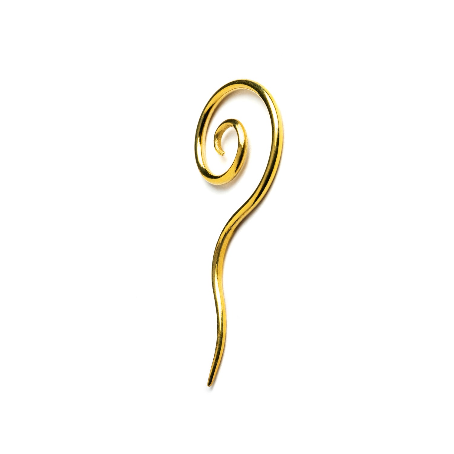 single golden brass wire long tailed spiral hook earring left side view