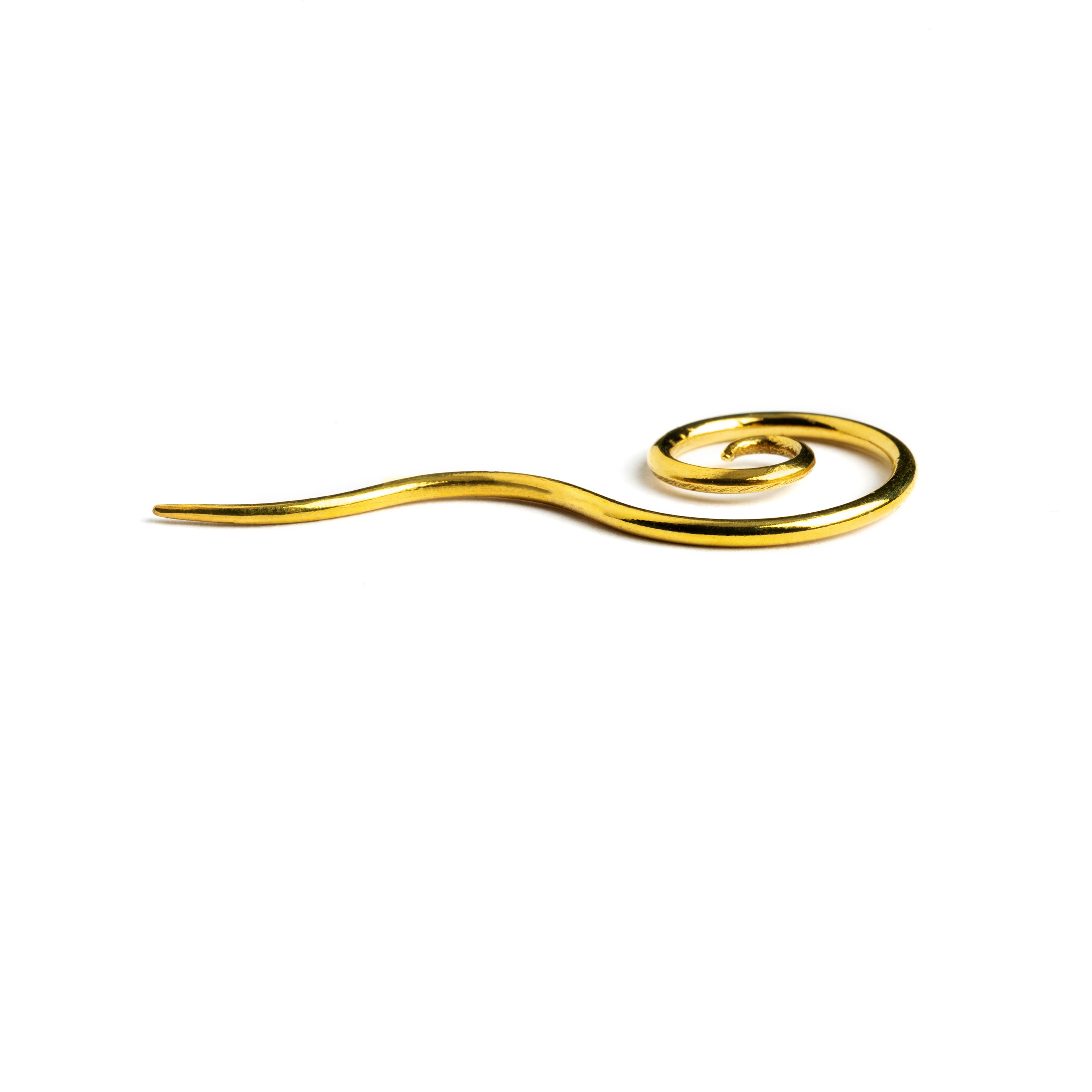 single golden brass wire long tailed spiral hook earring back view
